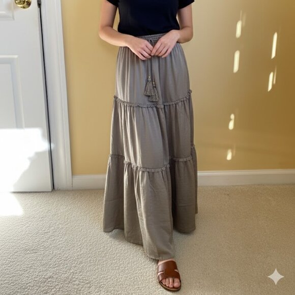 PHILOSOPHY taupe gray tiered maxi skirt, sz S. - Picture 1 of 8